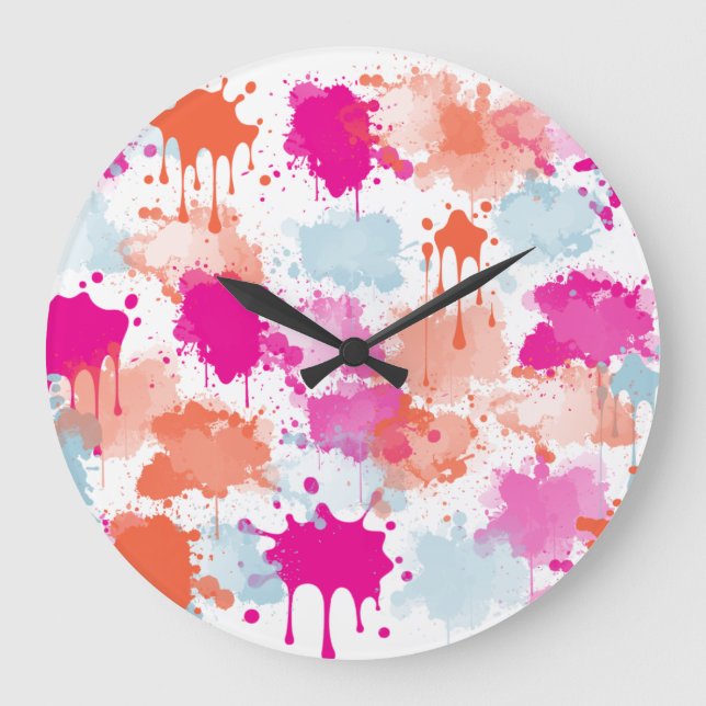 Grande Horloge Ronde Bleu rose orange Abstrait Peinture (Recto)