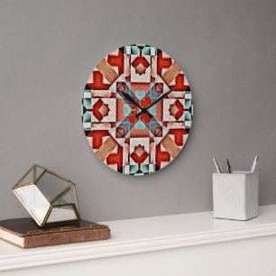 Grande Horloge Ronde Bleu sarcelle Rouge Rouille Terre Cuite Motif d'Ar