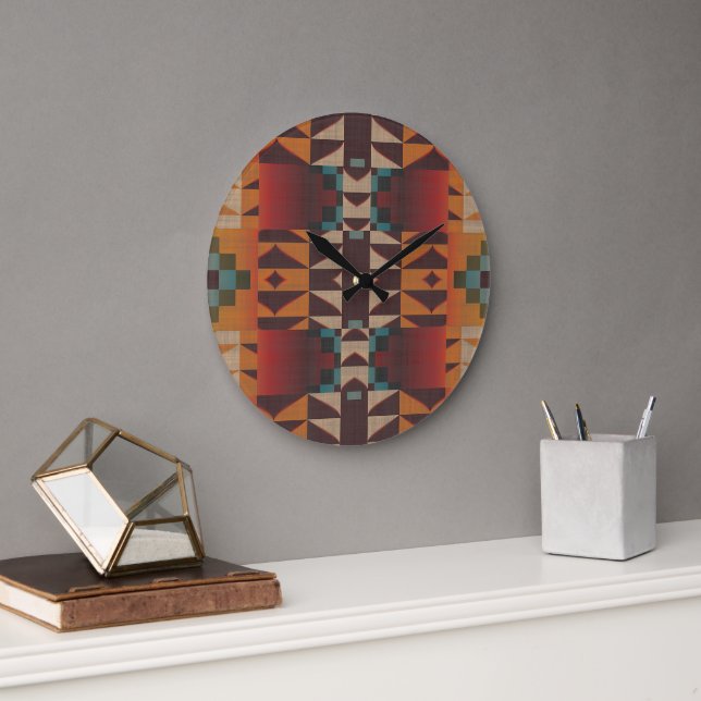 Grande Horloge Ronde Bleu turquoise Beige Rouge foncé Art Tribal Brown  (Bureau)