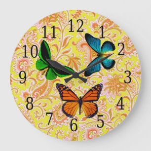 Grande Horloge Ronde Bleu, Vert, Papillons Orange Sur L'Horloge De Pais