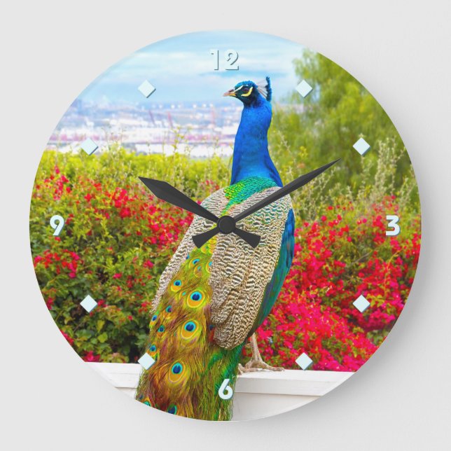 Grande Horloge Ronde Bleu Vert Peacock Photo Belle Moderne Design (Recto)