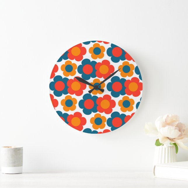 Grande Horloge Ronde Bleu Whimsical & Orange Floral Retro Gourme (Maison)