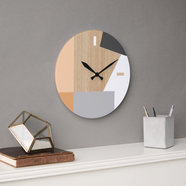 Grande Horloge Ronde Blocs Modernes Art Motif Sur Faux Woodgrain (Bureau)