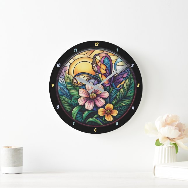 Grande Horloge Ronde Bloom & Fbattage" - Papillon Artistique (Maison)