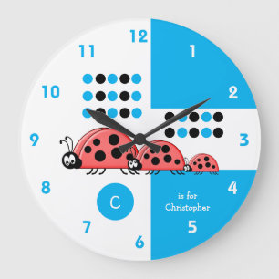 Grande Horloge Ronde Blue and white kids ladybirds