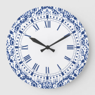 Grande Horloge Ronde Blue and White Moroccan Casbah Damask
