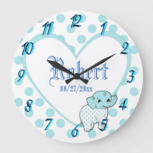 Grande Horloge Ronde Blue Baby Boy Elephant Heart and Polka Dots