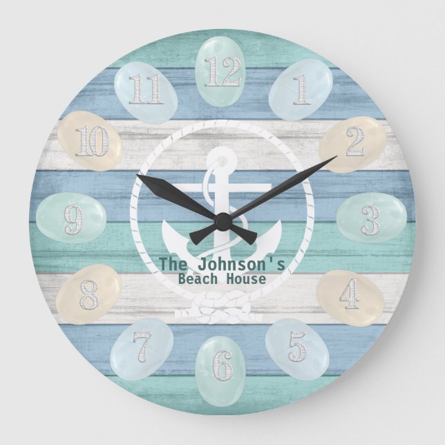 Grande Horloge Ronde Blue Beach Bois Verre et Ancre (Recto)