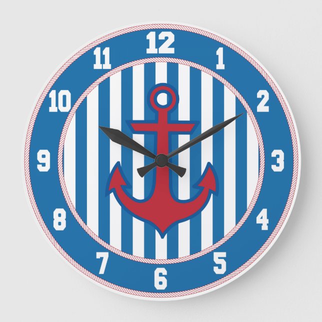 Grande Horloge Ronde Blue Border Nautical Anchor Clock (Recto)
