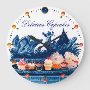 GRANDE HORLOGE RONDE BLUE CERISE OF SWANS WITH CUPCAKES AND PASTRY