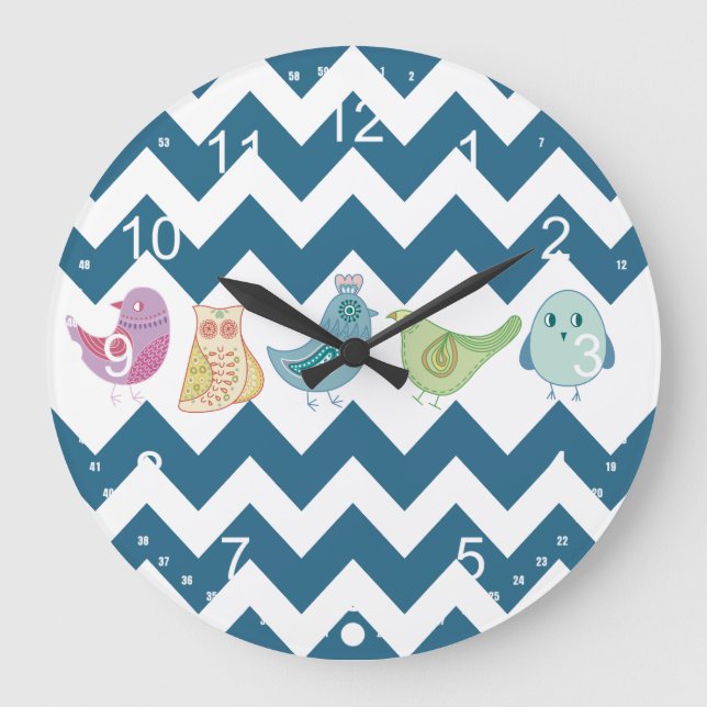 Grande Horloge Ronde Blue Chevron Stripes Whimsical Cute Birds (Recto)