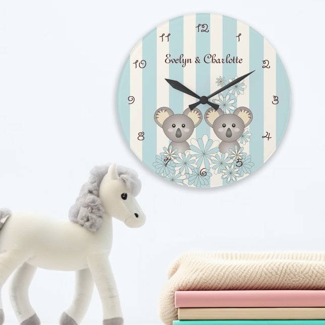 Grande Horloge Ronde Blue Cute Baby Koala Twin Nursery / Salle pour enf (Créateur téléchargé)