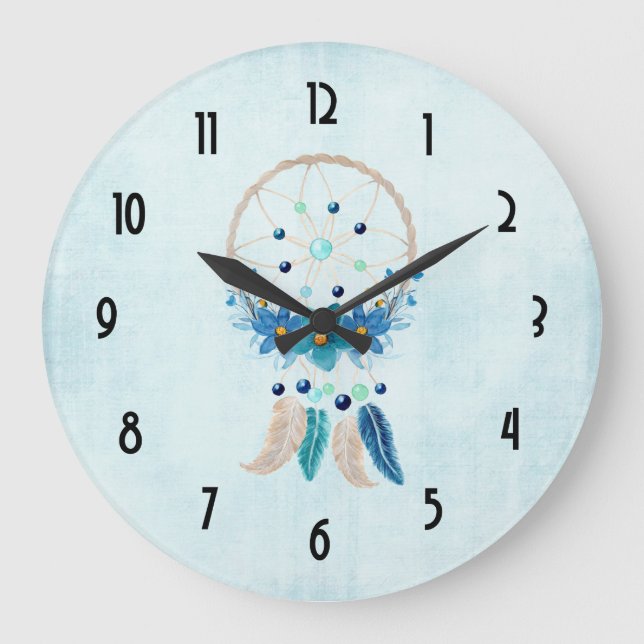 Grande Horloge Ronde Blue Dreamcatcher Design Boho élégant (Recto)
