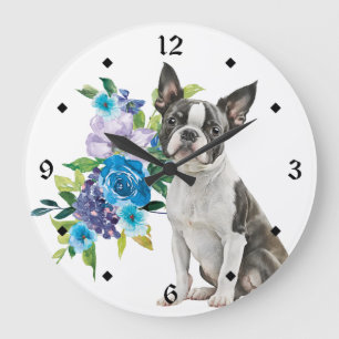Grande Horloge Ronde Blue Floral Bouquet Boston Terrier Chien