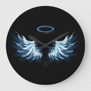 Grande Horloge Ronde Blue Glowing Angel Wings on black background