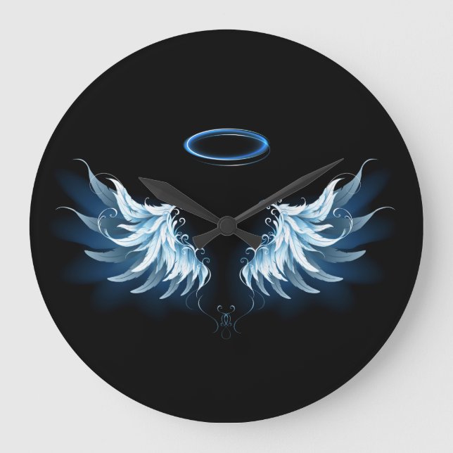 Grande Horloge Ronde Blue Glowing Angel Wings on black background (Recto)