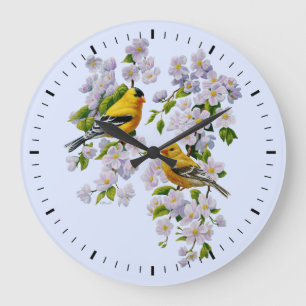 Grande Horloge Ronde Blue Goldfinch Birds et Flowers