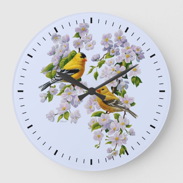 Grande Horloge Ronde Blue Goldfinch Birds et Flowers (Recto)