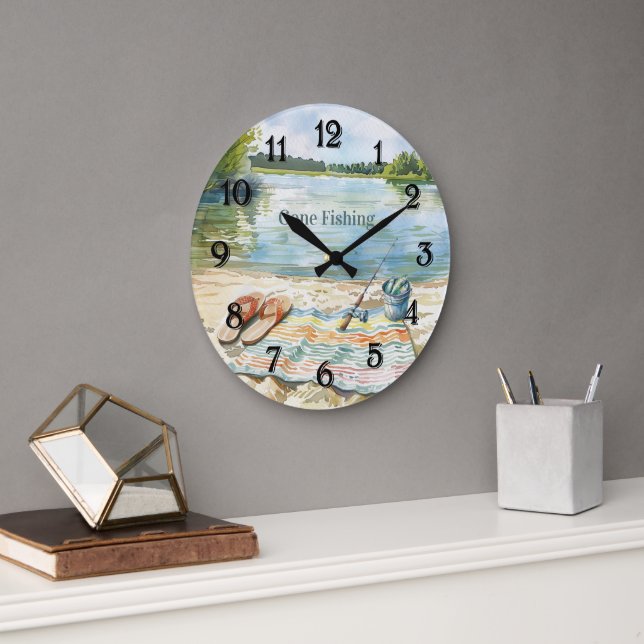 Grande Horloge Ronde Blue Gone Fishing Bucket Lake (Bureau)