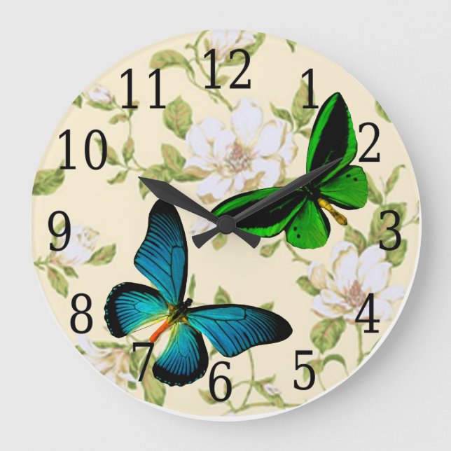 Grande Horloge Ronde Blue & Green Butterflies On Dogwood Flowers Clock (Recto)