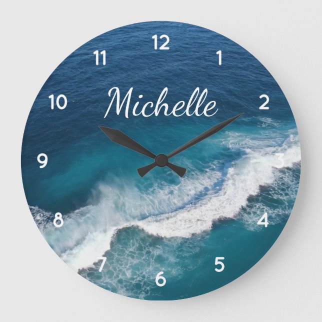 Grande Horloge Ronde Blue Green Ocean Summer Beach Waves Nom personnali (Recto)