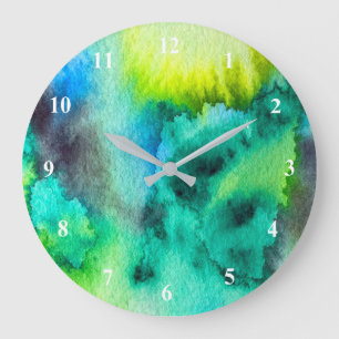Grande Horloge Ronde Blue Green watercolor marble abstract tie dye