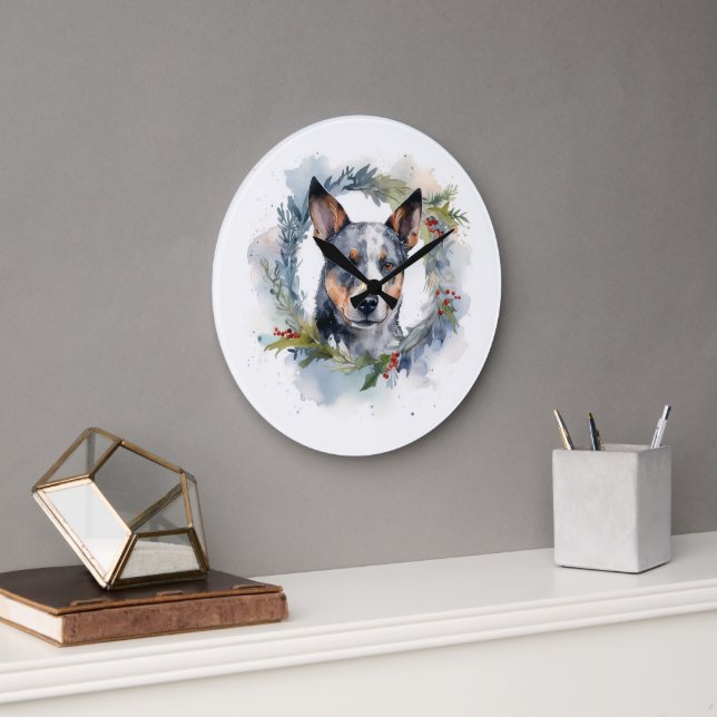 Grande Horloge Ronde Blue Heeler Christmas Wreath Festive Pup (Bureau)