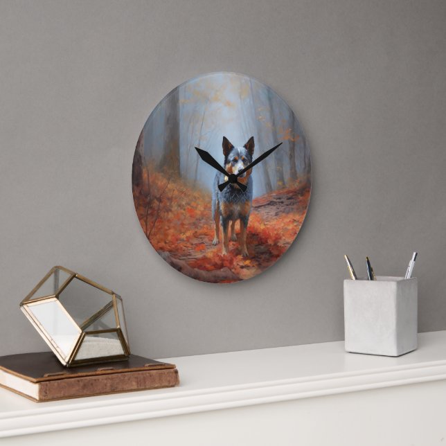 Grande Horloge Ronde Blue Heeler dans les feuilles d'automne automne au (Bureau)