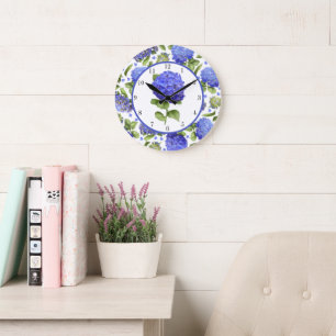 Grande Horloge Ronde Blue Hydrangeas Botanique Art Floral