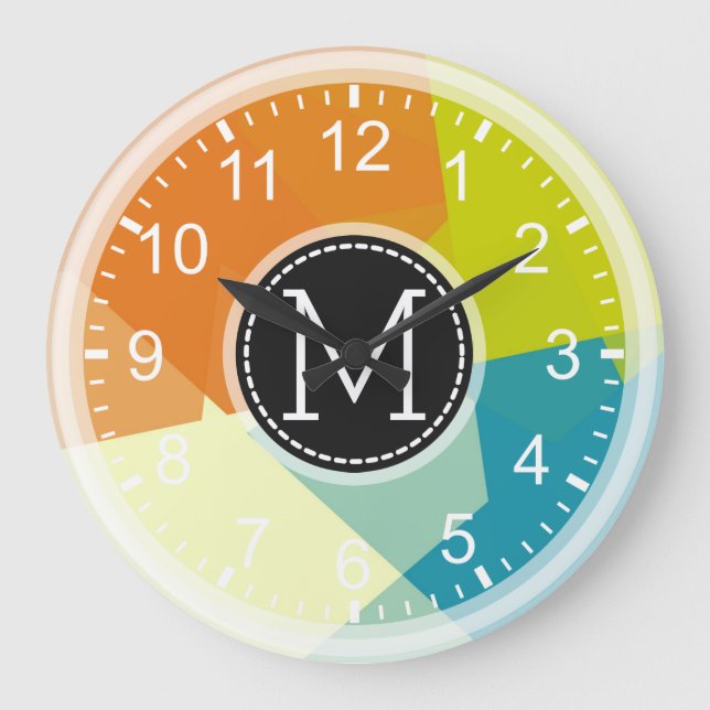 Grande Horloge Ronde Blue Lime Orange Mosaic Moderne Monogramme (Recto)
