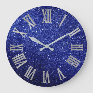 Grande Horloge Ronde Blue Navy Parties scintillant Argent GrisMétallic