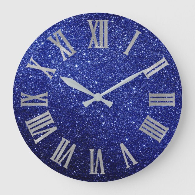 Grande Horloge Ronde Blue Navy Parties scintillant Argent GrisMétallic  (Recto)