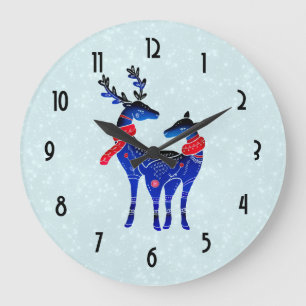 Grande Horloge Ronde Blue Nordic Christmas Reindeer Pair
