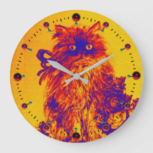 GRANDE HORLOGE RONDE BLUE ORANGE KITTY CAT, KITTEN ET ROSE