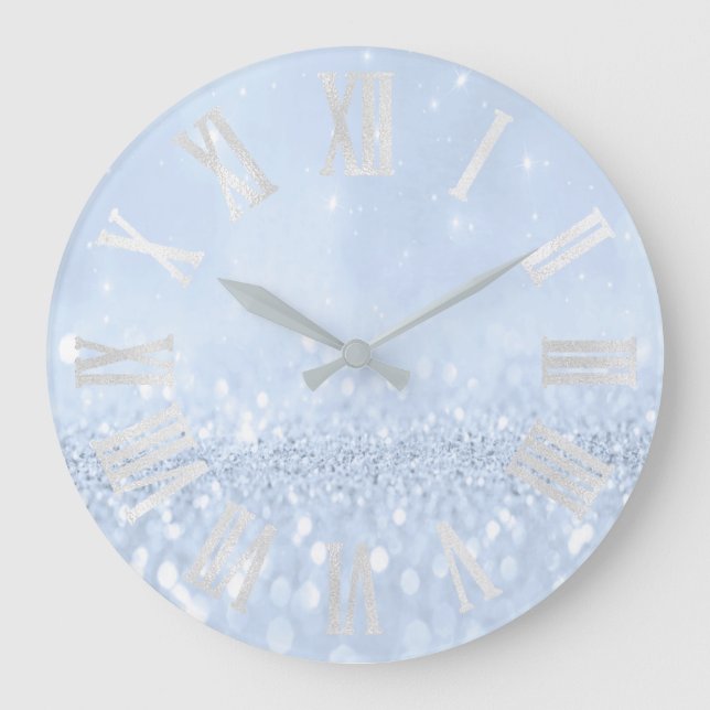 Grande Horloge Ronde Blue Pastel Parties scintillant Grey Gris Argent R (Recto)