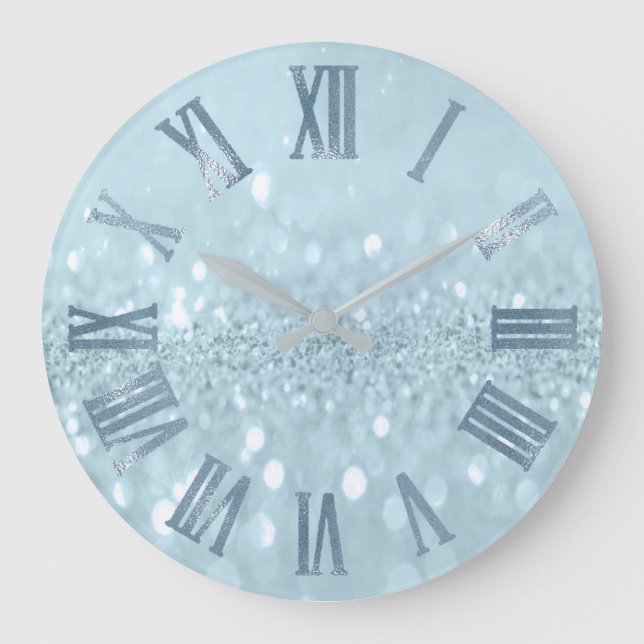 Grande Horloge Ronde Blue Pastel Parties scintillant gris métal chiffre (Recto)