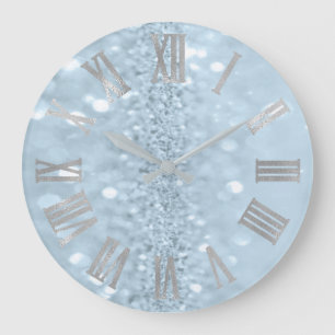 Grande Horloge Ronde Blue Pastel Parties scintillant gris métal chiffre