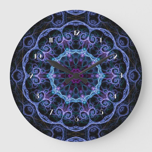 Grande Horloge Ronde Blue & Pink Floral Fractal Pattern Wall Clock (Recto)