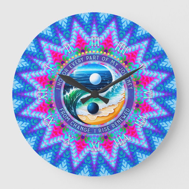 Grande Horloge Ronde Blue Pink Rise Energy Journey Change Affirmation (Recto)