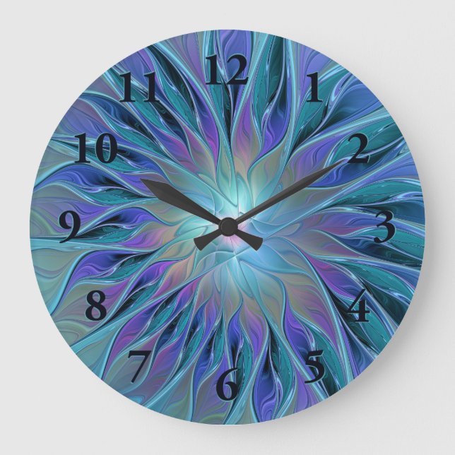 Grande Horloge Ronde Blue Purple Flower Dream Abstrait Fractal Art (Recto)