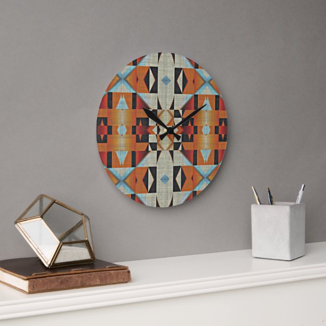 Grande Horloge Ronde Blue Red Orange Taupe Brown Black Tribal Art (Bureau)
