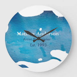 Grande Horloge Ronde Blue rustique aquarelle jeans texture ajouter le n