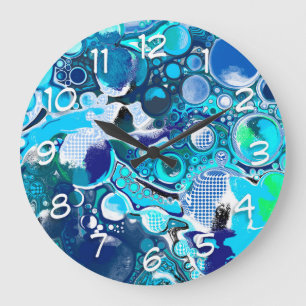 Grande Horloge Ronde Blue Sea bulles Art Abstrait