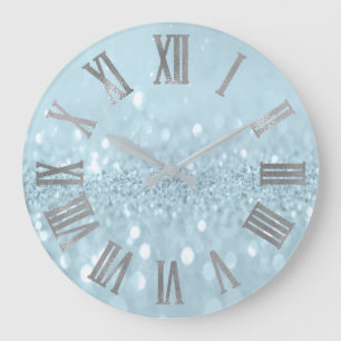 Grande Horloge Ronde Blue Silver Glitter Gray metal Roman Numbers