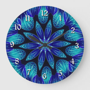 Grande Horloge Ronde Blue & Teal Petals Mandala