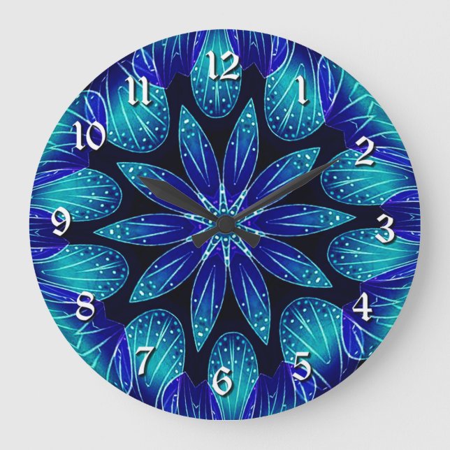 Grande Horloge Ronde Blue & Teal Petals Mandala (Recto)
