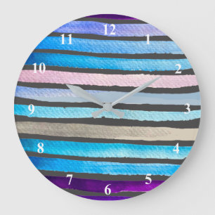 Grande Horloge Ronde Blue watercolor stripes painted