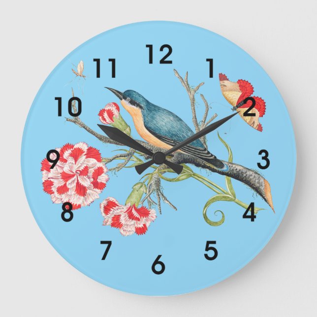 Grande Horloge Ronde Bluebird on carnations, vintage illustration, (Recto)
