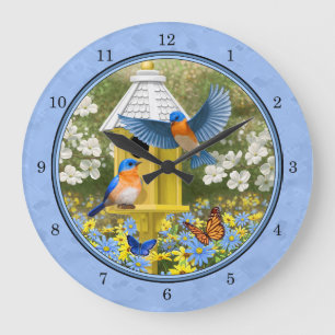 Grande Horloge Ronde Bluebirds et Hexagon Birdhouse Blue