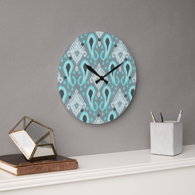 Grande Horloge Ronde Bohemian Aqua Turquoise Ikat Motif d'art tribal (Bureau)